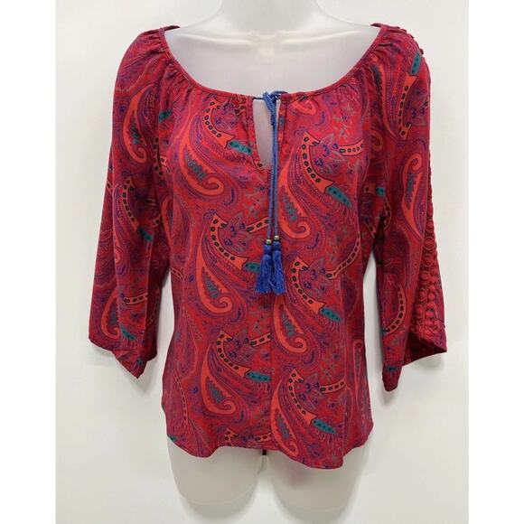 Umgee Women’s Size Medium Multicolor Crotchet Sleeve Tie Neck Paisley Blouse - Picture 1 of 8
